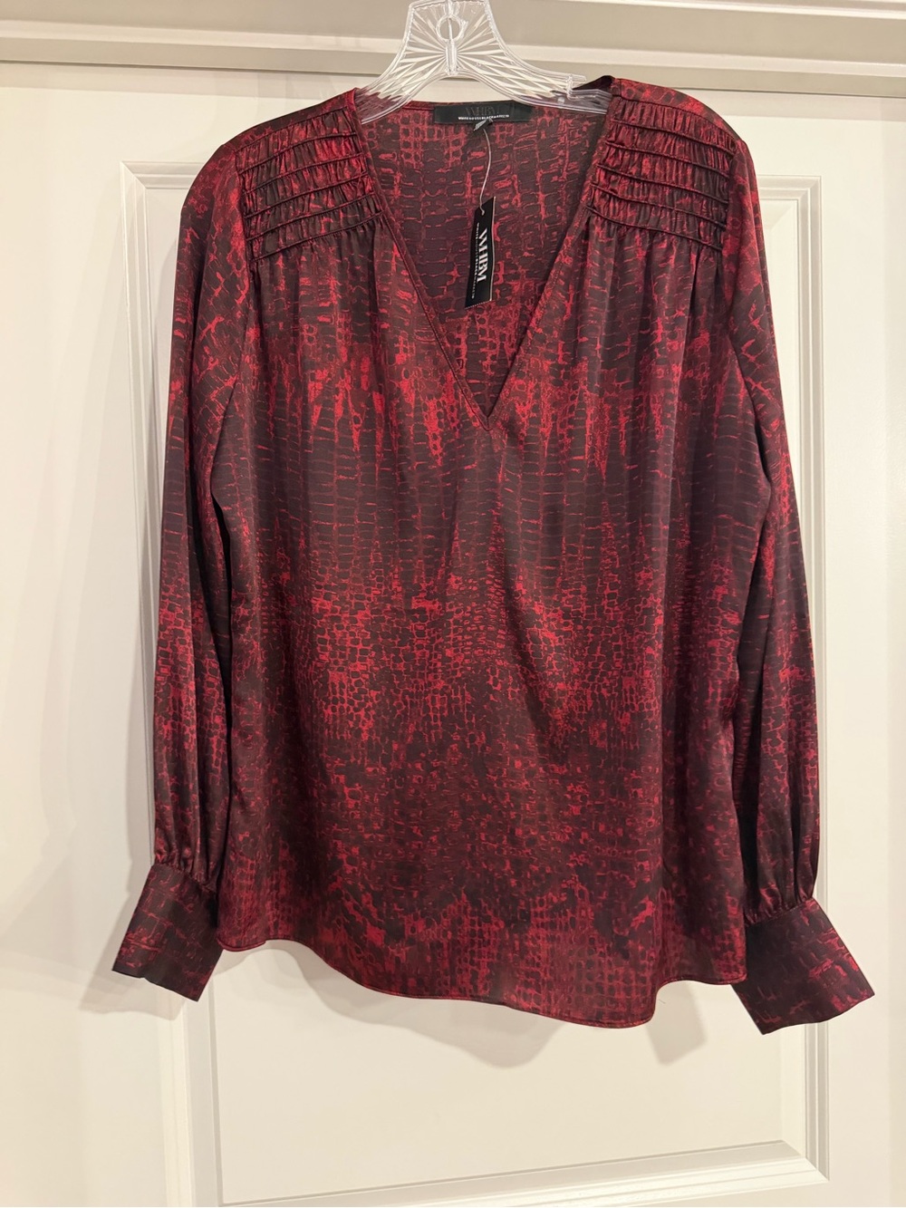 White House Black Market Red and Black Patterned V-Neck Blouse